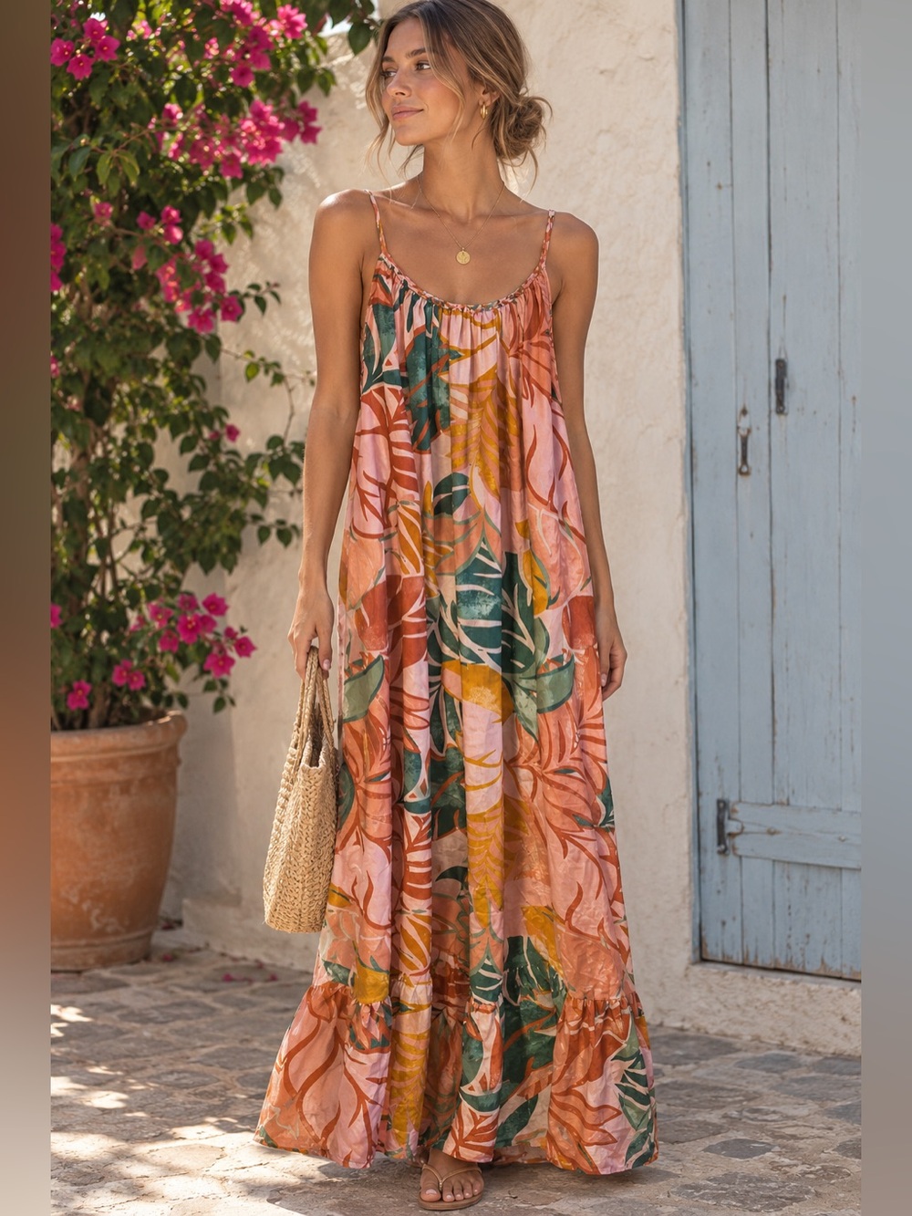 Tropical Pink Print Maxi Dress with Spaghetti Straps